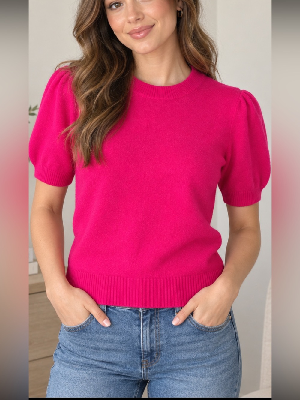 CeCe Pink Puff Sleeve Knit Sweater Women’s Size M Crew Neck Top